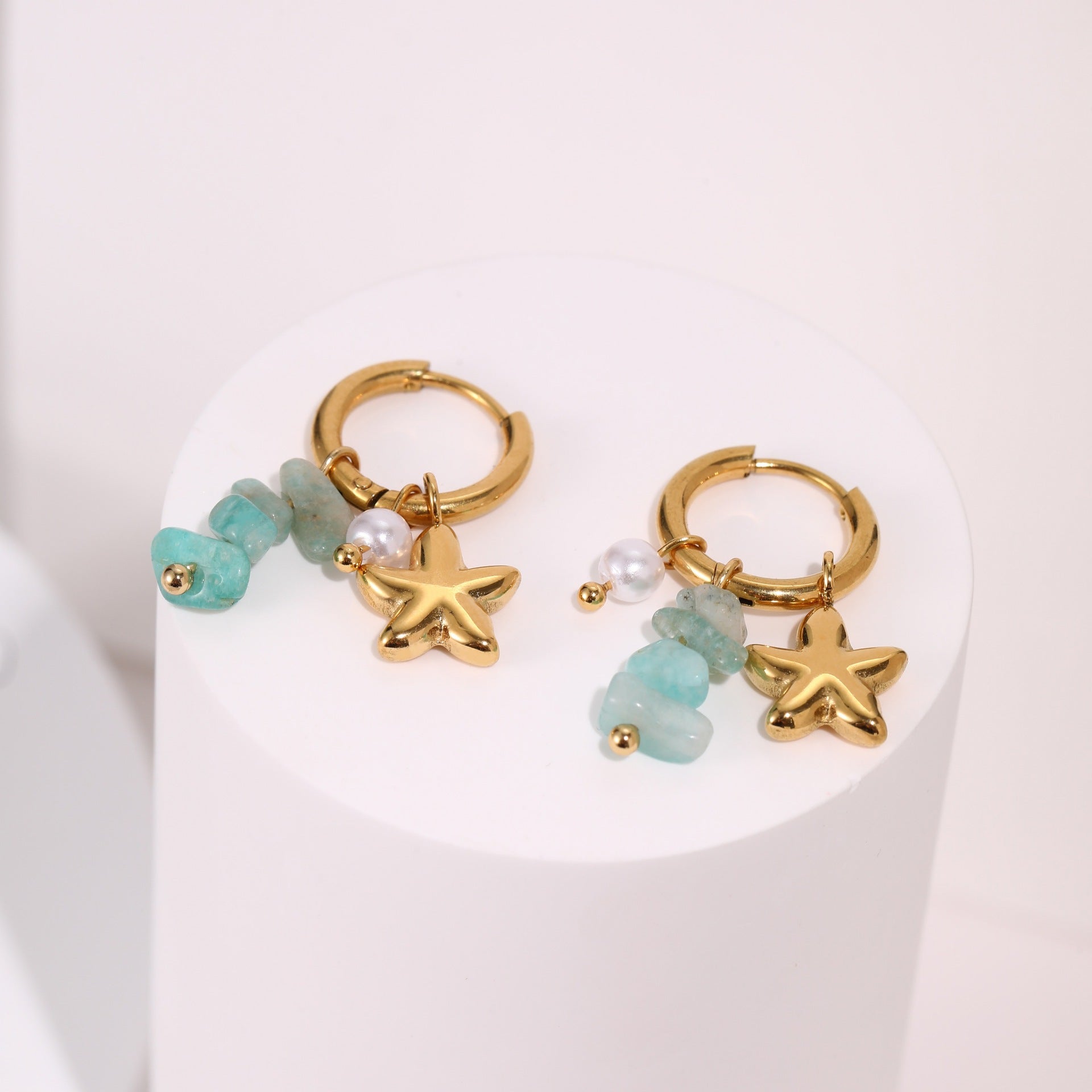 Starfish Earrings For Marine Style Featuring Shell Inlay With Golden PVD Coated Gold Plating