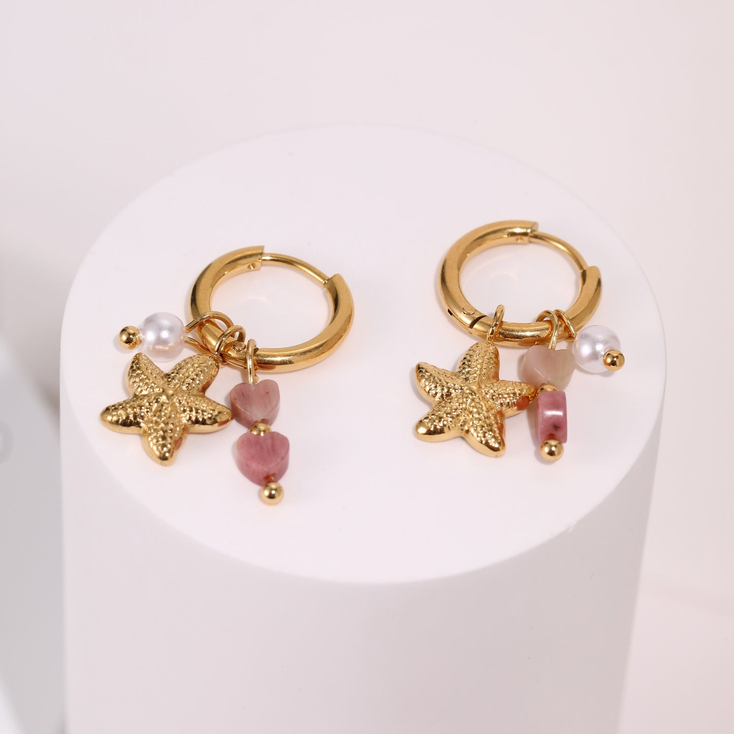 Starfish Earrings For Marine Style Featuring Shell Inlay With Golden PVD Coated Gold Plating