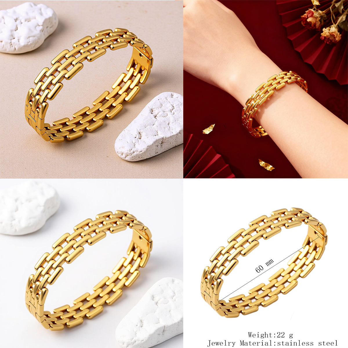 Polished Geometric Bangle For Women In 304 Stainless Steel With 18K Real Gold Plated PVD Coated Finish
