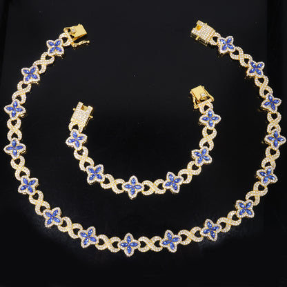 Four Leaf Clover Necklace For Unisex Featuring Golden Zinc Alloy With Glass Inlay And Cuban Link Chain