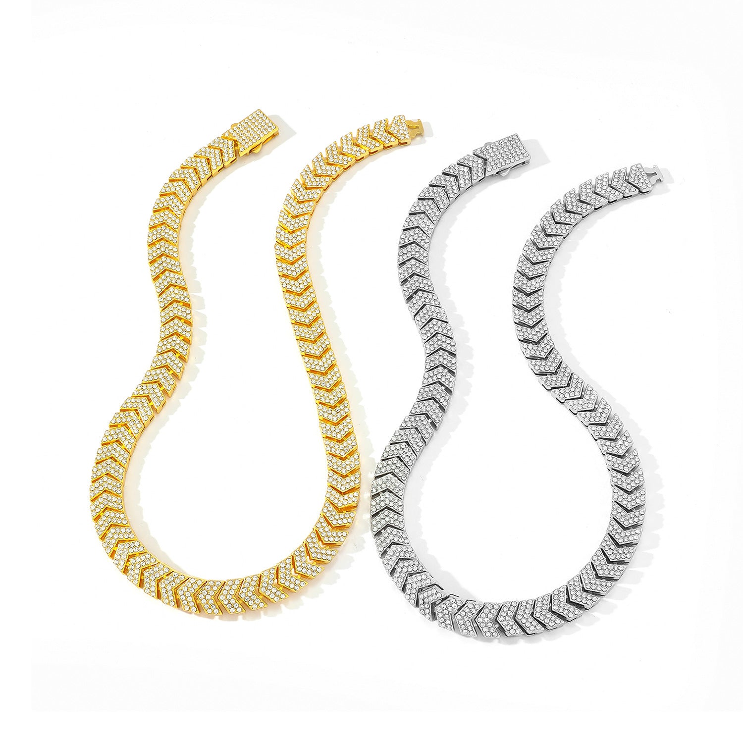 Fish Tail Hip-Hop Cuban Link Chain Curb Chain Necklace For Unisex Featuring Golden Zinc Alloy And Rhinestones Inlay