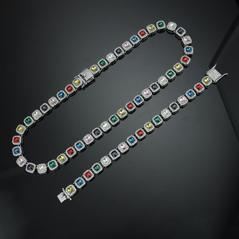 Hip-Hop Square Pendant For Unisex Featuring Golden Zinc Alloy With Glass Inlay On Cuban Link Chain