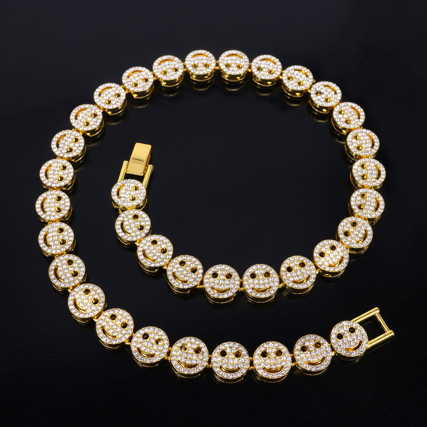 Golden Hip-Hop Smiley Face Pendant For Men's Cuban Link Chain Curb Chain Featuring Rhinestone Inlay Alloy Material