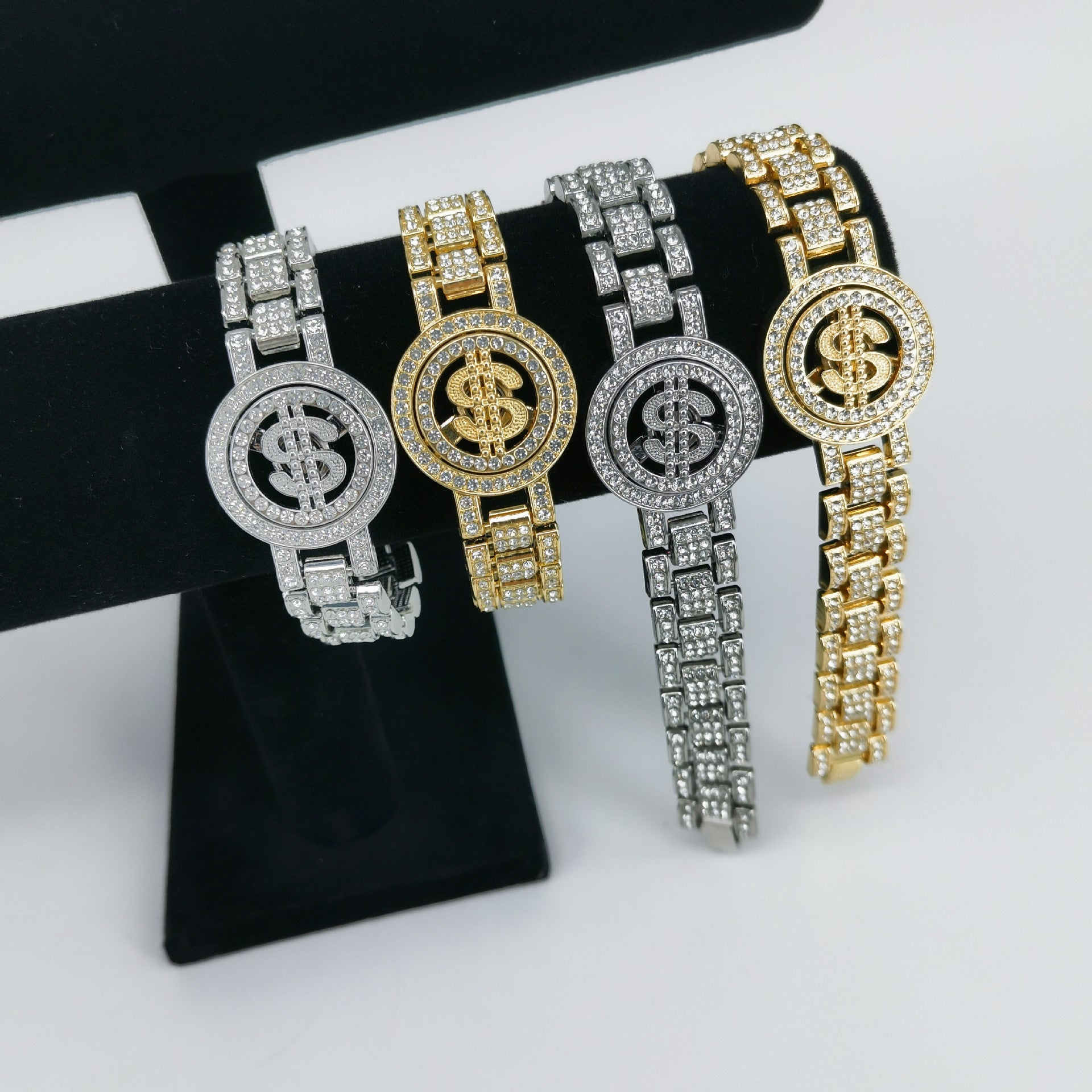 Golden Hip-Hop Dollar Pendant For Unisex Featuring Rhinestones On Alloy Cuban Link Chain Curb Chain