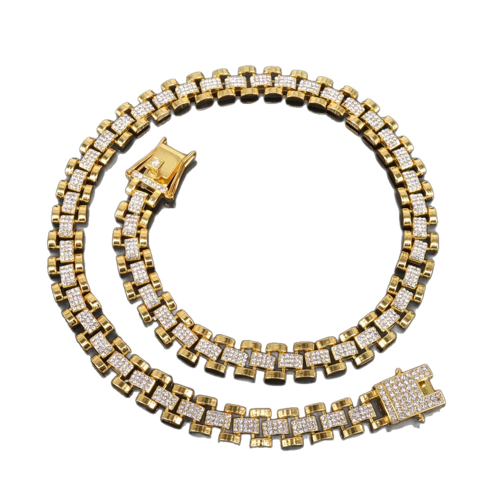 Hip-Hop Golden Lines For Unisex Zinc Alloy Cuban Link Chain Curb Chain With Rhinestone Inlay