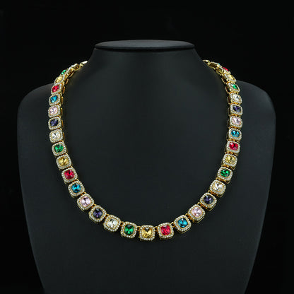 Hip-Hop Square Pendant For Unisex Featuring Golden Zinc Alloy With Glass Inlay On Cuban Link Chain