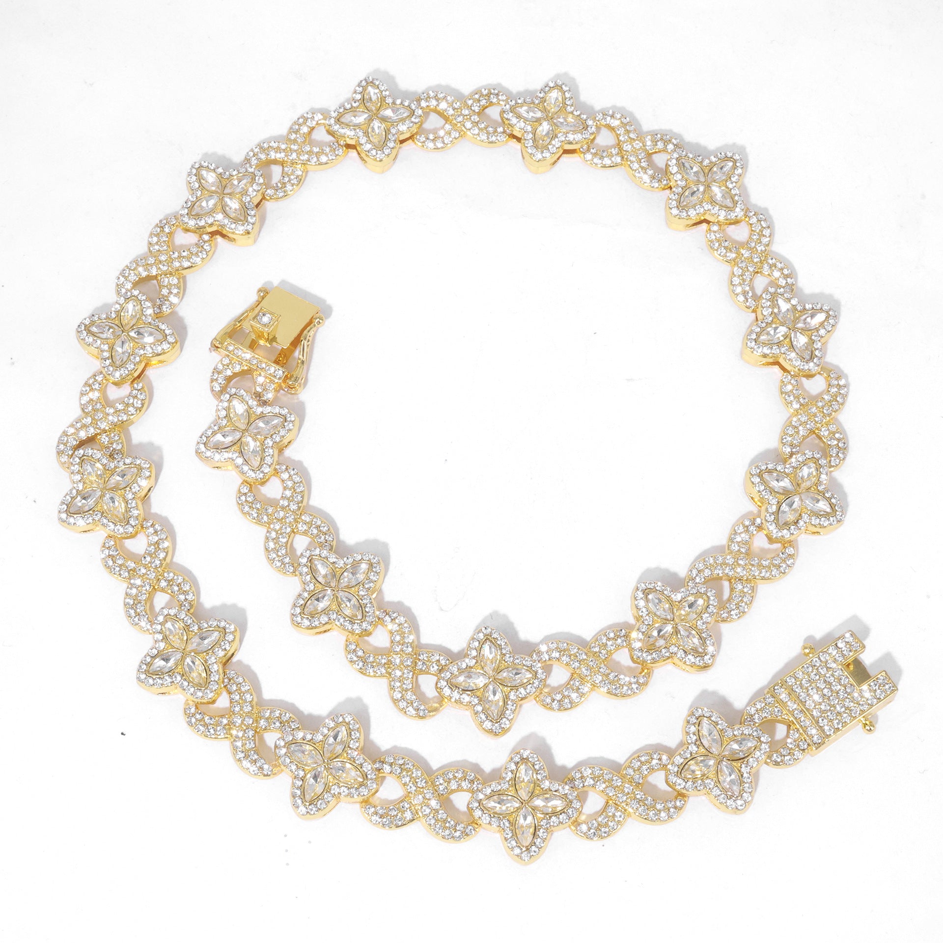 Four Leaf Clover Necklace For Unisex Featuring Golden Zinc Alloy With Glass Inlay And Cuban Link Chain