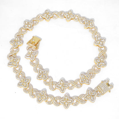 Four Leaf Clover Necklace For Unisex Featuring Golden Zinc Alloy With Glass Inlay And Cuban Link Chain