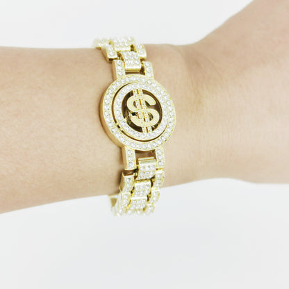 Golden Hip-Hop Dollar Pendant For Unisex Featuring Rhinestones On Alloy Cuban Link Chain Curb Chain