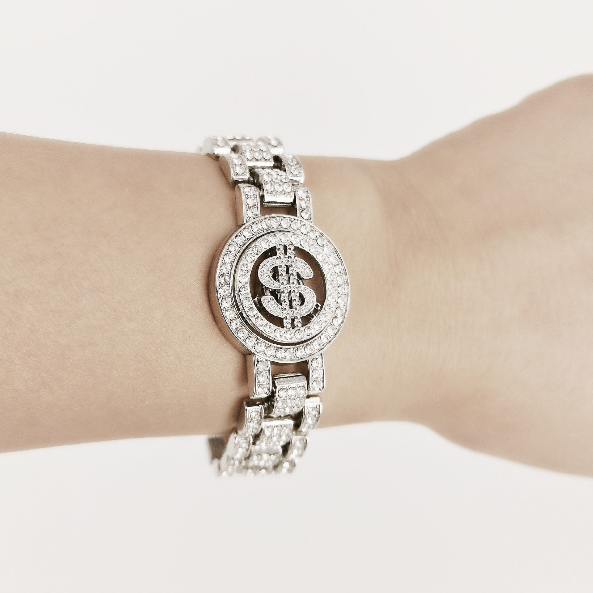 Golden Hip-Hop Dollar Pendant For Unisex Featuring Rhinestones On Alloy Cuban Link Chain Curb Chain
