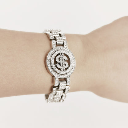 Golden Hip-Hop Dollar Pendant For Unisex Featuring Rhinestones On Alloy Cuban Link Chain Curb Chain