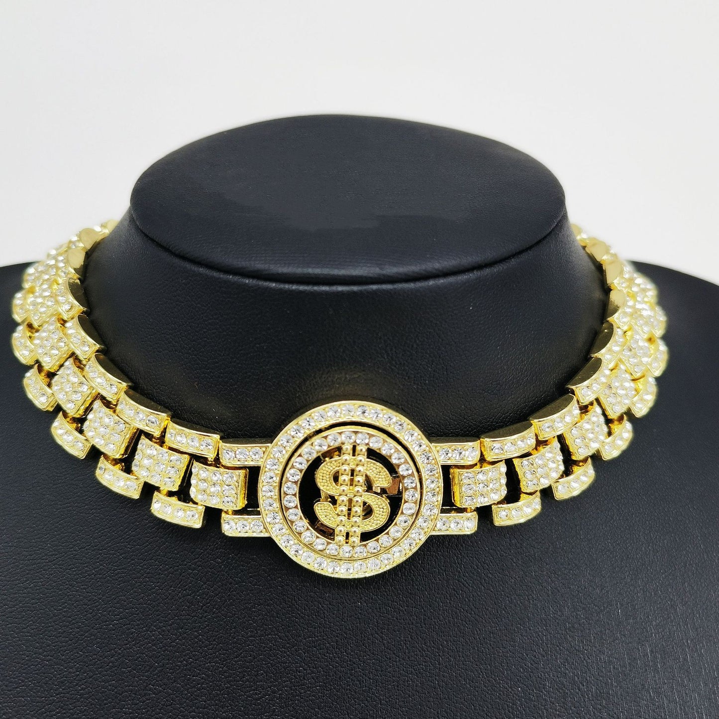 Golden Hip-Hop Dollar Pendant For Unisex Featuring Rhinestones On Alloy Cuban Link Chain Curb Chain