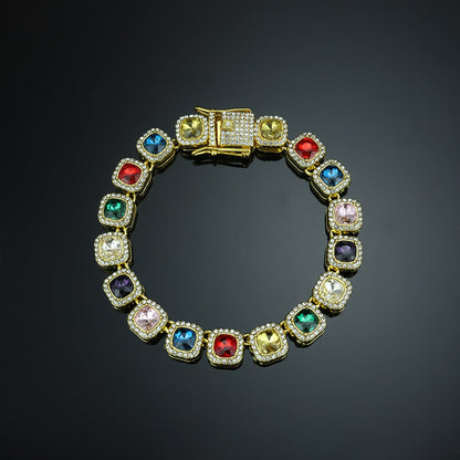 Hip-Hop Square Pendant For Unisex Featuring Golden Zinc Alloy With Glass Inlay On Cuban Link Chain