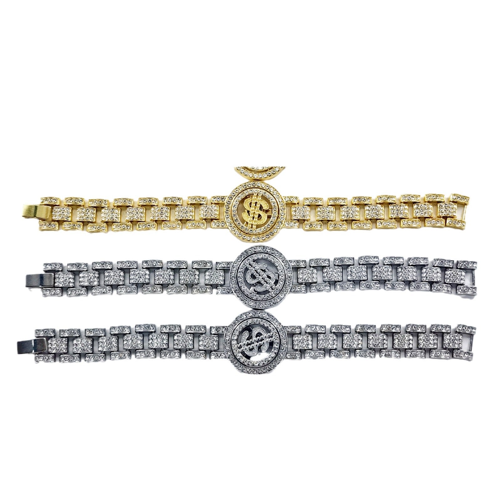 Golden Hip-Hop Dollar Pendant For Unisex Featuring Rhinestones On Alloy Cuban Link Chain Curb Chain