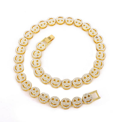 Golden Hip-Hop Smiley Face Pendant For Men's Cuban Link Chain Curb Chain Featuring Rhinestone Inlay Alloy Material