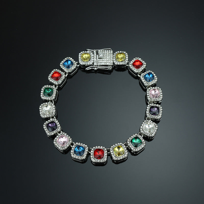 Hip-Hop Square Pendant For Unisex Featuring Golden Zinc Alloy With Glass Inlay On Cuban Link Chain