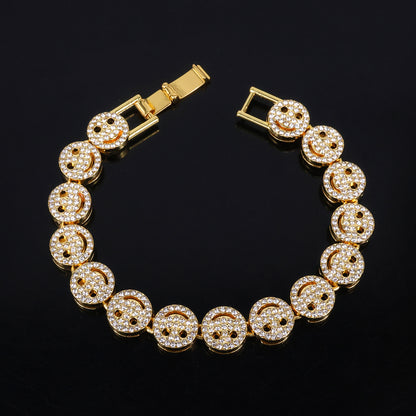 Golden Hip-Hop Smiley Face Pendant For Men's Cuban Link Chain Curb Chain Featuring Rhinestone Inlay Alloy Material