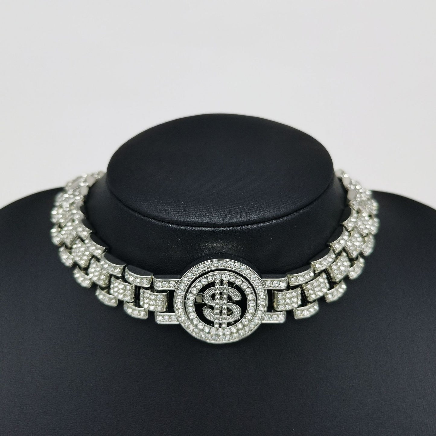 Golden Hip-Hop Dollar Pendant For Unisex Featuring Rhinestones On Alloy Cuban Link Chain Curb Chain
