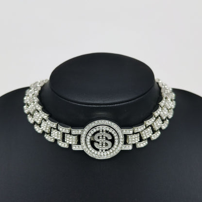 Golden Hip-Hop Dollar Pendant For Unisex Featuring Rhinestones On Alloy Cuban Link Chain Curb Chain