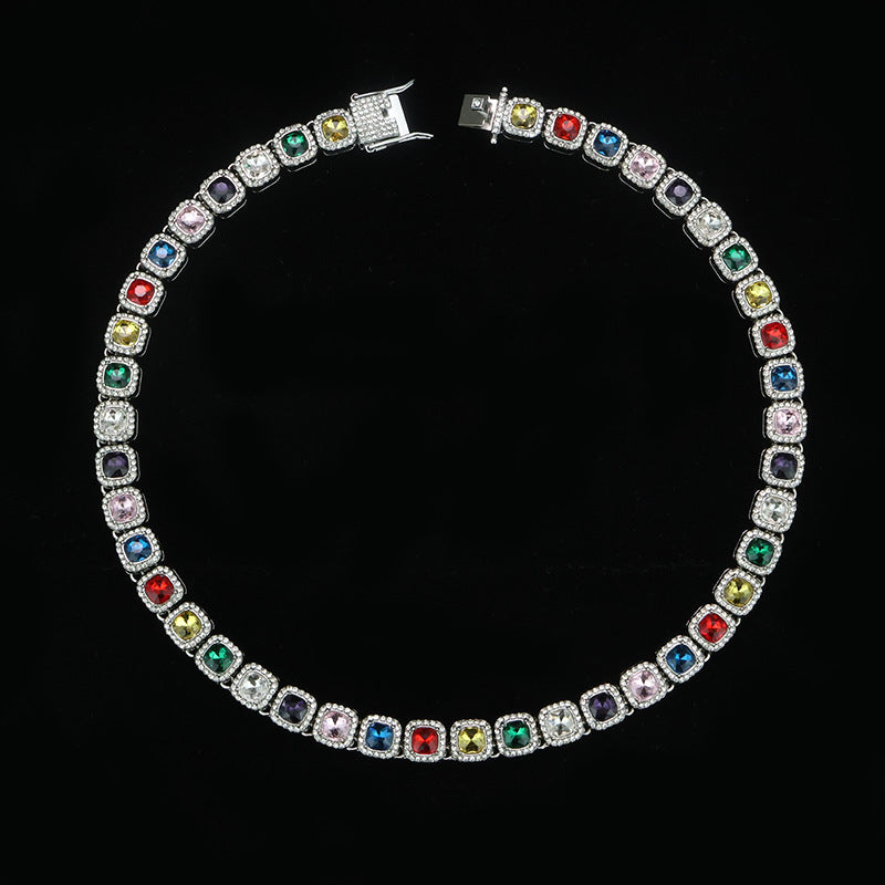 Hip-Hop Square Pendant For Unisex Featuring Golden Zinc Alloy With Glass Inlay On Cuban Link Chain