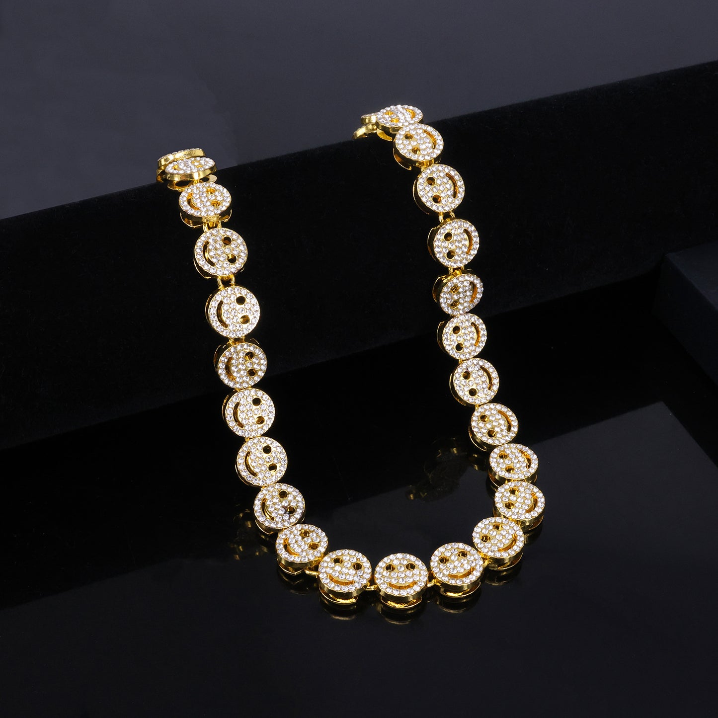 Golden Hip-Hop Smiley Face Pendant For Men's Cuban Link Chain Curb Chain Featuring Rhinestone Inlay Alloy Material
