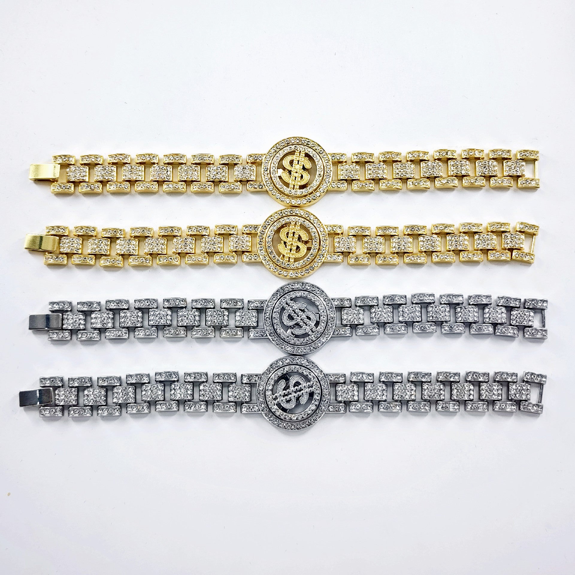 Golden Hip-Hop Dollar Pendant For Unisex Featuring Rhinestones On Alloy Cuban Link Chain Curb Chain