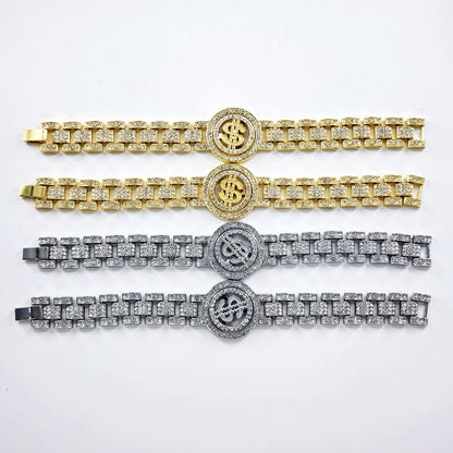 Golden Hip-Hop Dollar Pendant For Unisex Featuring Rhinestones On Alloy Cuban Link Chain Curb Chain