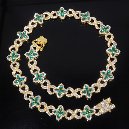Four Leaf Clover Necklace For Unisex Featuring Golden Zinc Alloy With Glass Inlay And Cuban Link Chain
