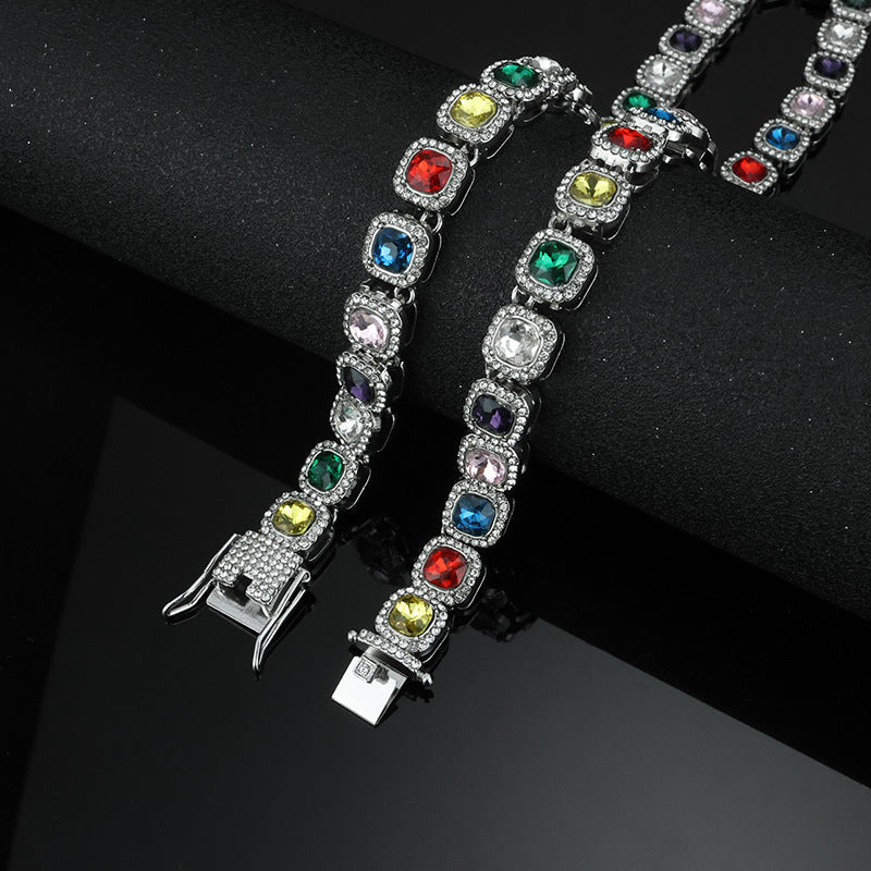 Hip-Hop Square Pendant For Unisex Featuring Golden Zinc Alloy With Glass Inlay On Cuban Link Chain