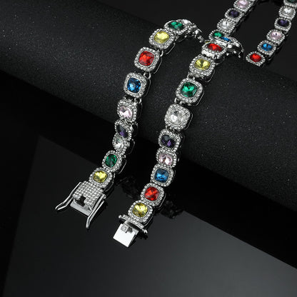 Hip-Hop Square Pendant For Unisex Featuring Golden Zinc Alloy With Glass Inlay On Cuban Link Chain