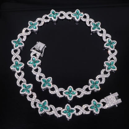 Four Leaf Clover Necklace For Unisex Featuring Golden Zinc Alloy With Glass Inlay And Cuban Link Chain