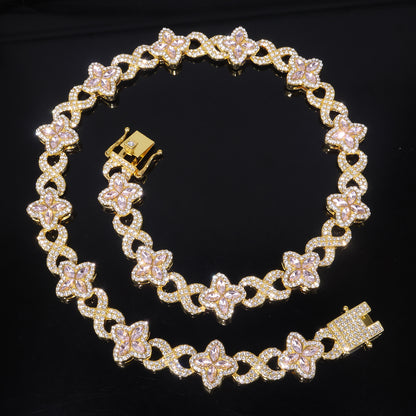 Four Leaf Clover Necklace For Unisex Featuring Golden Zinc Alloy With Glass Inlay And Cuban Link Chain