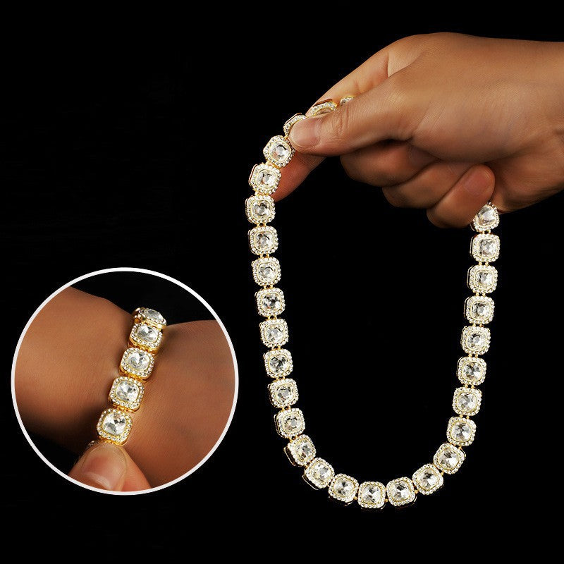For Unisex Hip-Hop Golden Cuban Link Chain Curb Chain Made Of Zinc Alloy With Glass Inlay