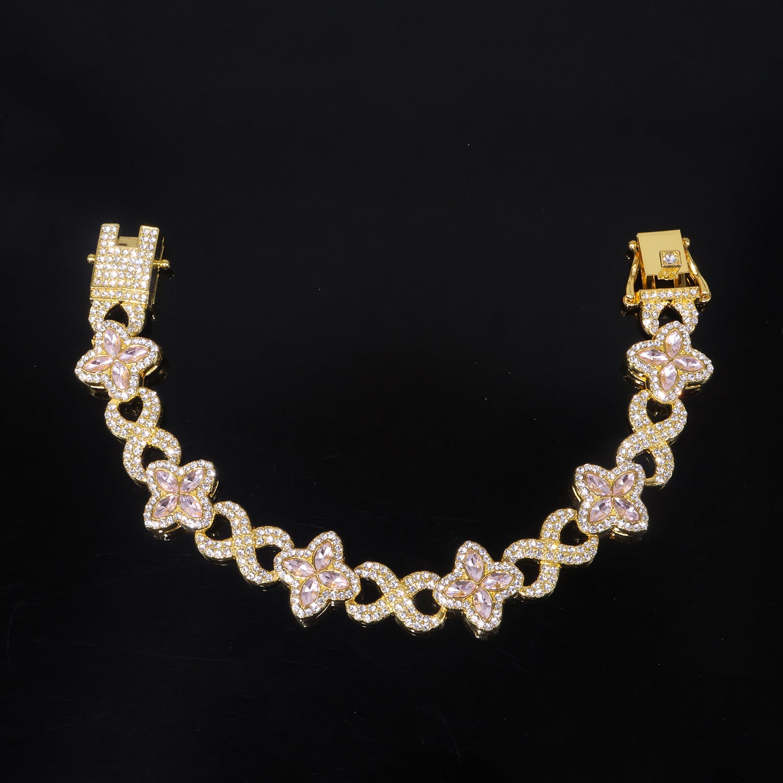 Four Leaf Clover Necklace For Unisex Featuring Golden Zinc Alloy With Glass Inlay And Cuban Link Chain