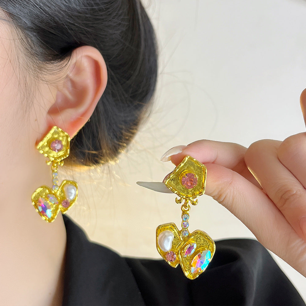 Retro Cherry Stud Earrings For Women, Electroplated Alloy With Rhinestone Inlay