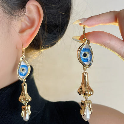 Devil's Eye Earrings For Women Featuring Retro Tassel Craft In Alloy With Pearl Inlay