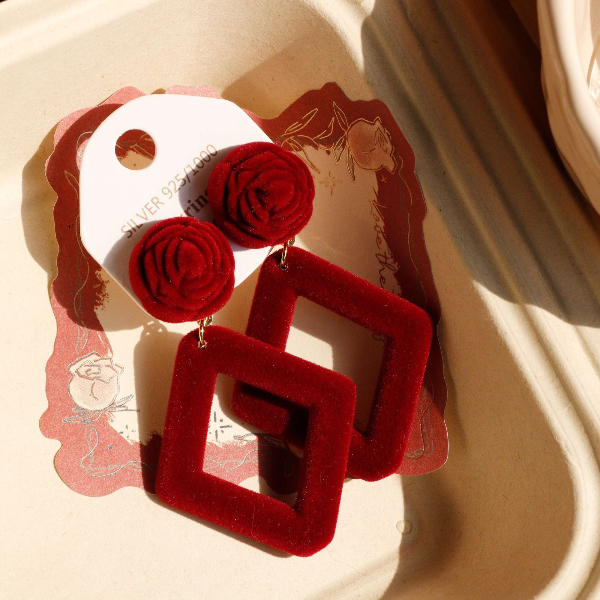 Rose Stud Earrings For Women In Wine Red Resin With Simple Style Design