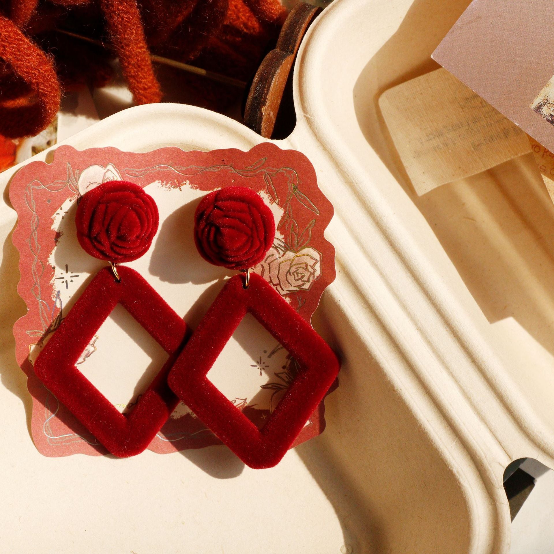 Rose Stud Earrings For Women In Wine Red Resin With Simple Style Design