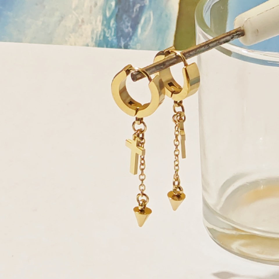 Unisex Titanium Steel Cross Earrings With Golden Tassel Design For Stylish Wear