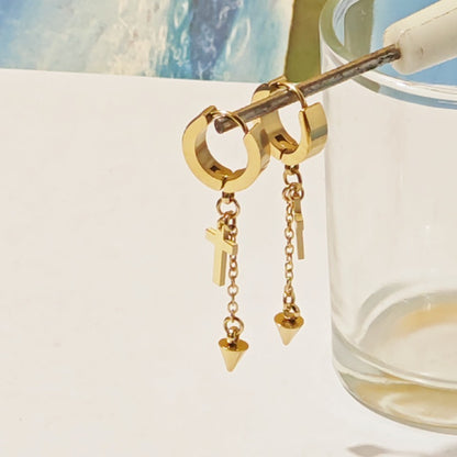 Unisex Titanium Steel Cross Earrings With Golden Tassel Design For Stylish Wear