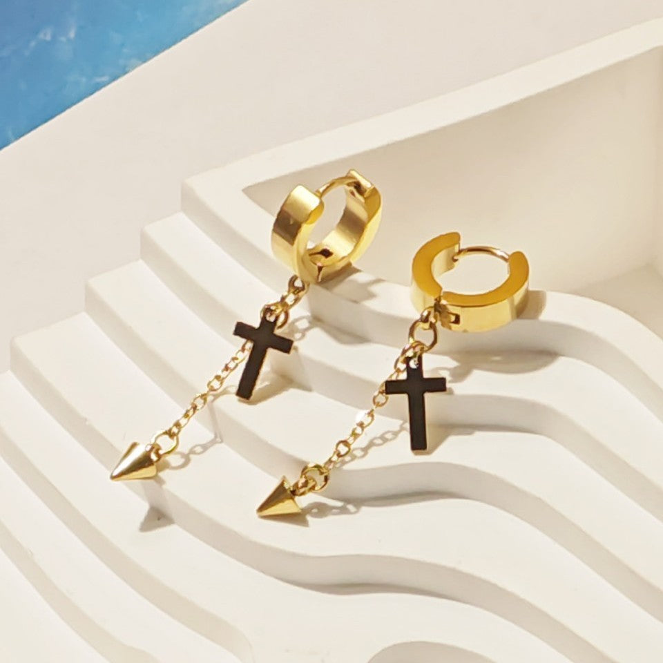 Unisex Titanium Steel Cross Earrings With Golden Tassel Design For Stylish Wear