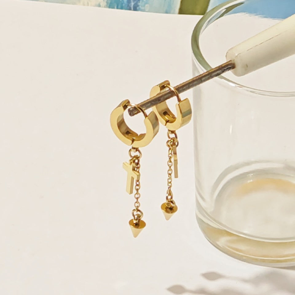 Unisex Titanium Steel Cross Earrings With Golden Tassel Design For Stylish Wear