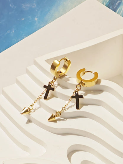 Unisex Titanium Steel Cross Earrings With Golden Tassel Design For Stylish Wear