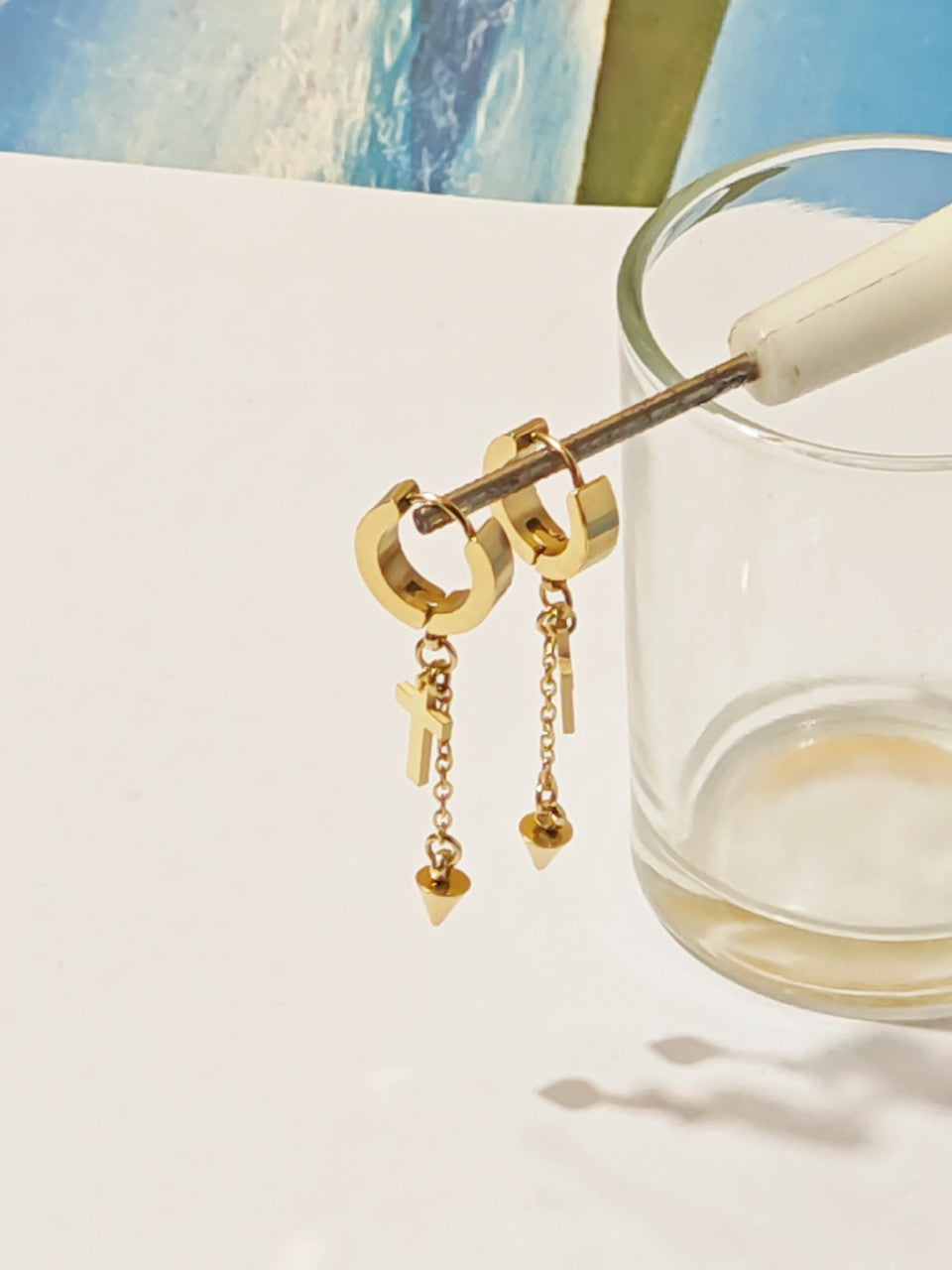 Unisex Titanium Steel Cross Earrings With Golden Tassel Design For Stylish Wear