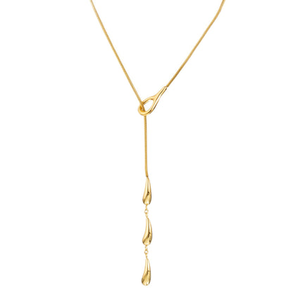 Water Droplets Long Necklace For Unisex Featuring 304 Stainless Steel With 18K Real Gold Plated Snake Chain