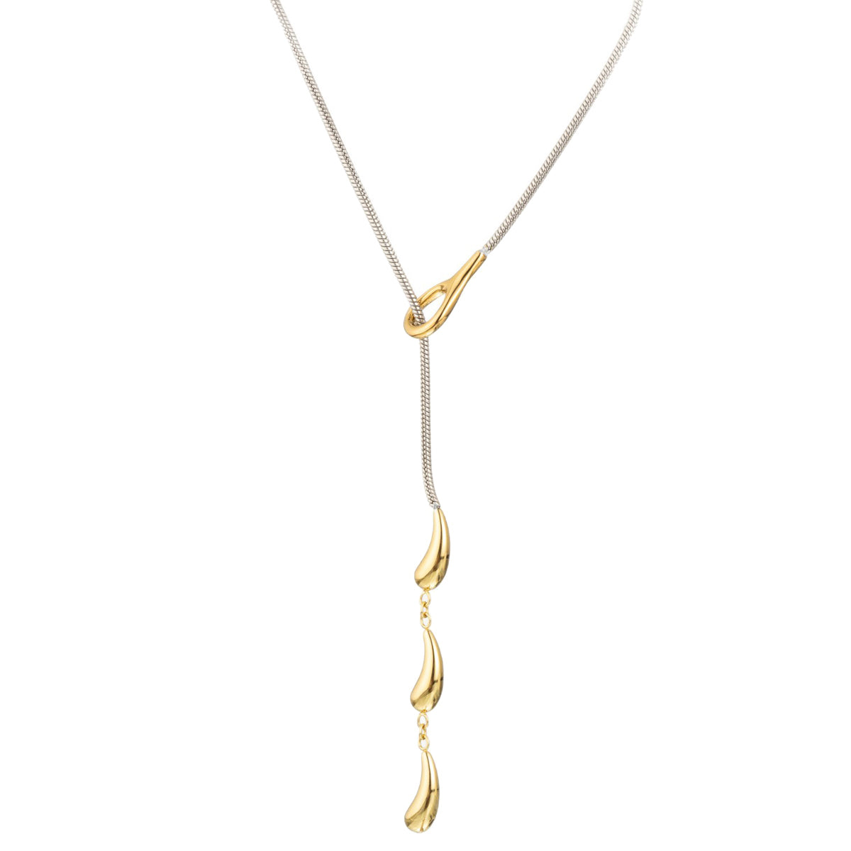 Water Droplets Long Necklace For Unisex Featuring 304 Stainless Steel With 18K Real Gold Plated Snake Chain