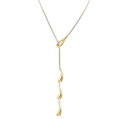 Water Droplets Long Necklace For Unisex Featuring 304 Stainless Steel With 18K Real Gold Plated Snake Chain
