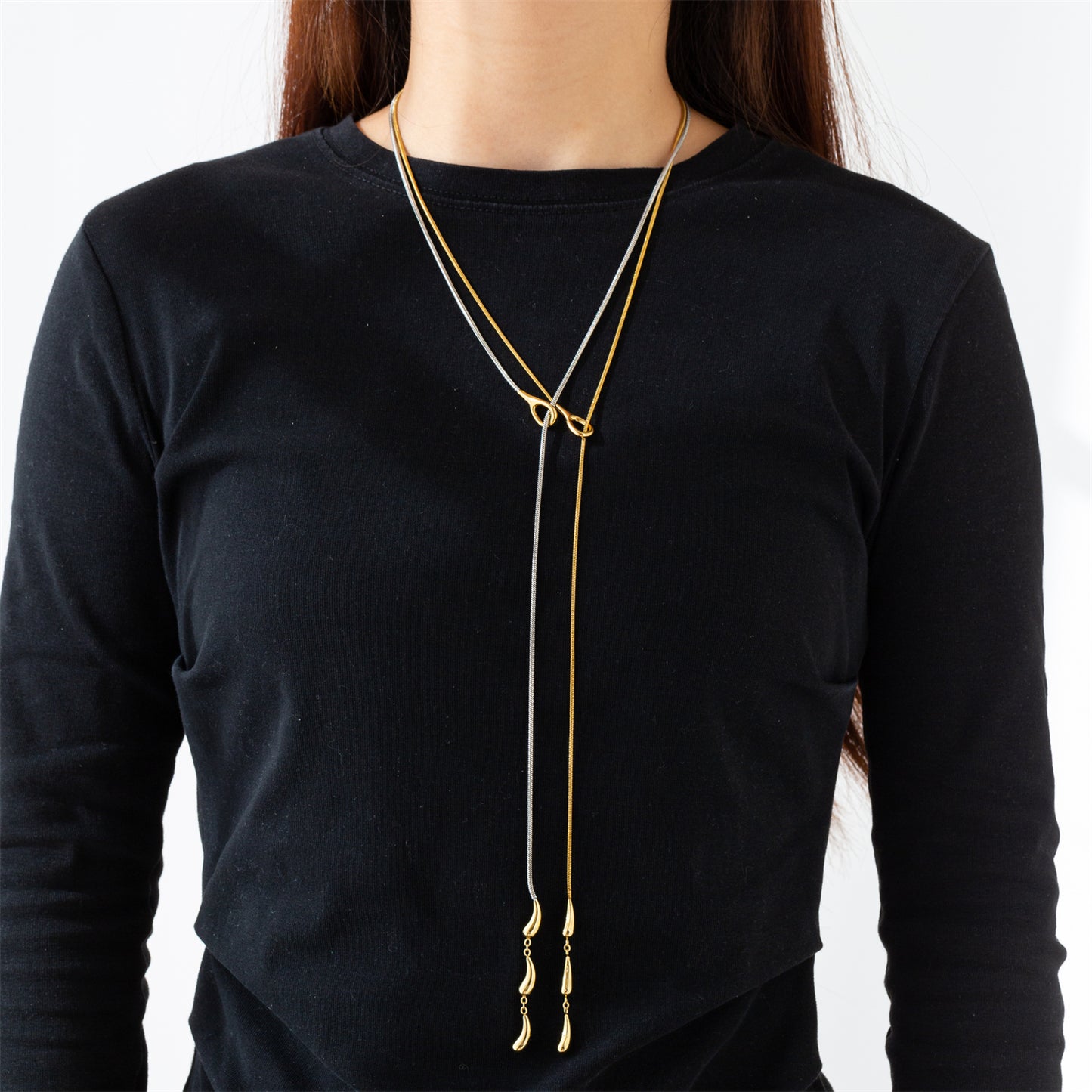 Water Droplets Long Necklace For Unisex Featuring 304 Stainless Steel With 18K Real Gold Plated Snake Chain