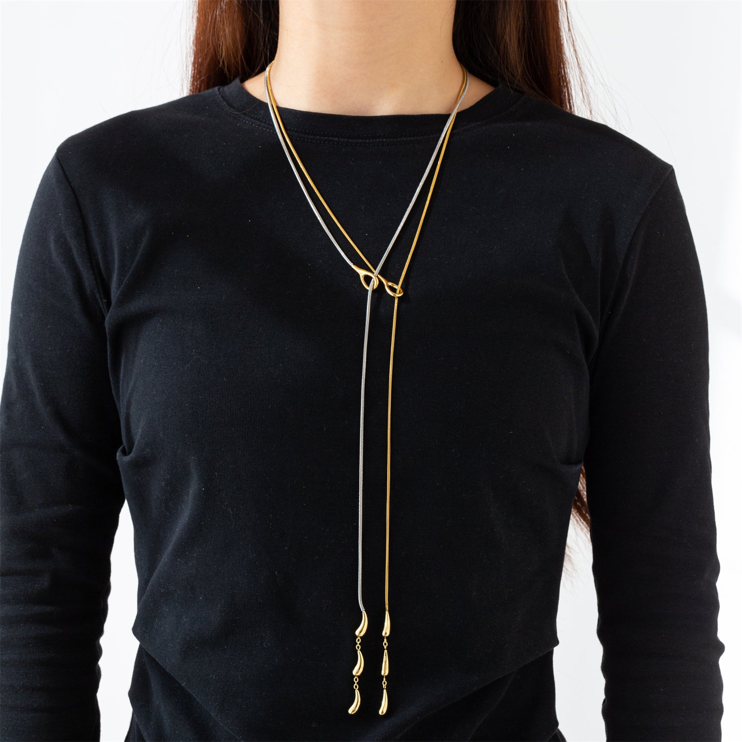 Water Droplets Long Necklace For Unisex Featuring 304 Stainless Steel With 18K Real Gold Plated Snake Chain