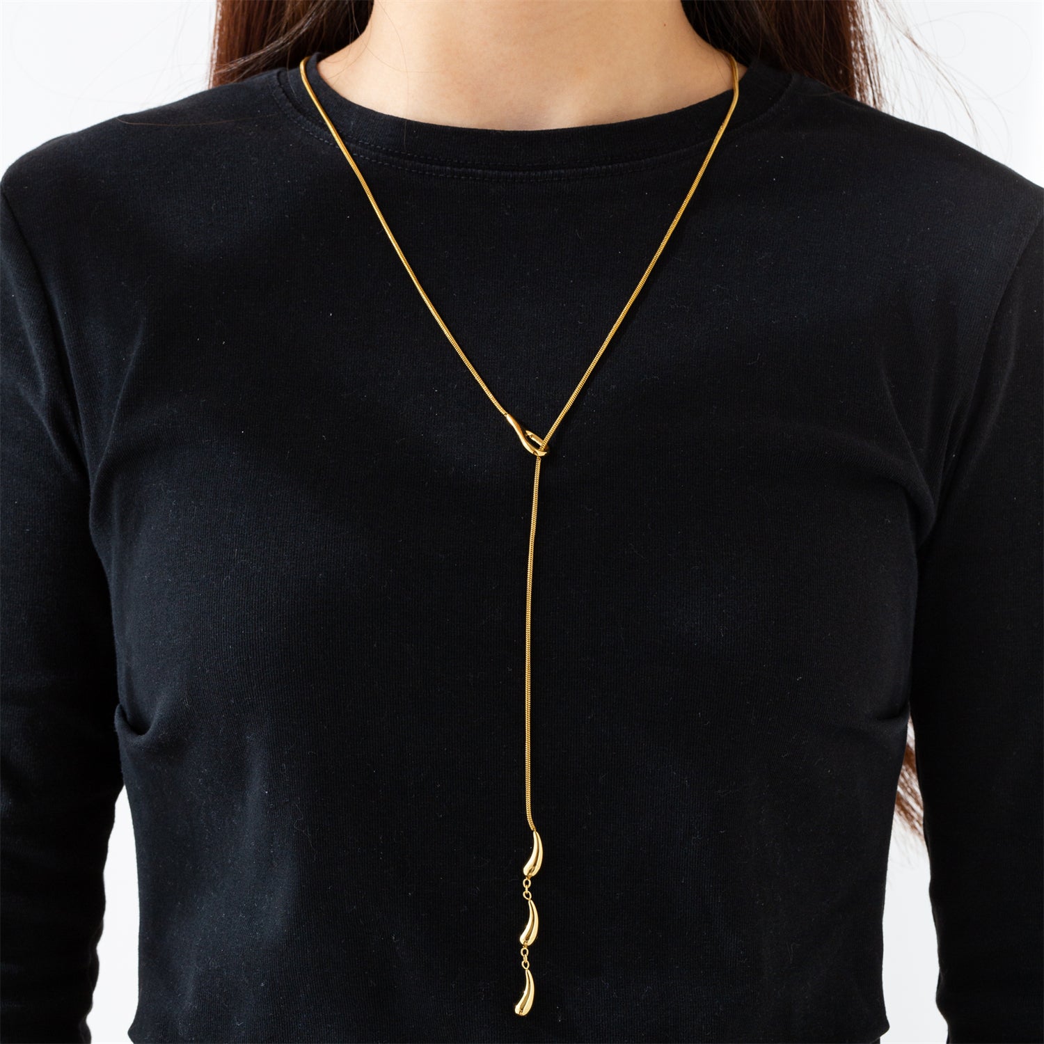 Water Droplets Long Necklace For Unisex Featuring 304 Stainless Steel With 18K Real Gold Plated Snake Chain